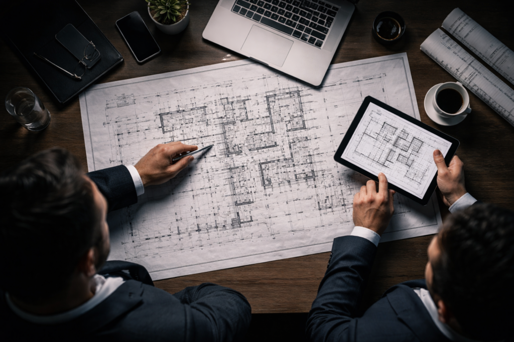 Berufsarchitekten bei der Planbesprechung