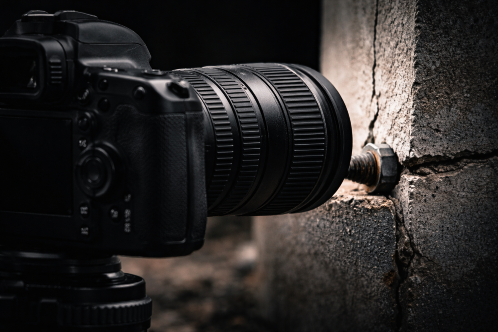 Kamera und betonte Rissstruktur am Mauerwerk