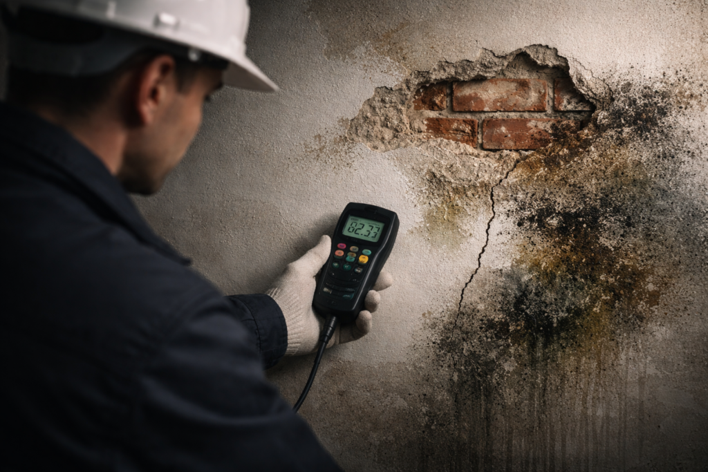 Feuchtigkeitsschäden an Wand inspizieren durch Baugutachter. Erstellung Baugutachten