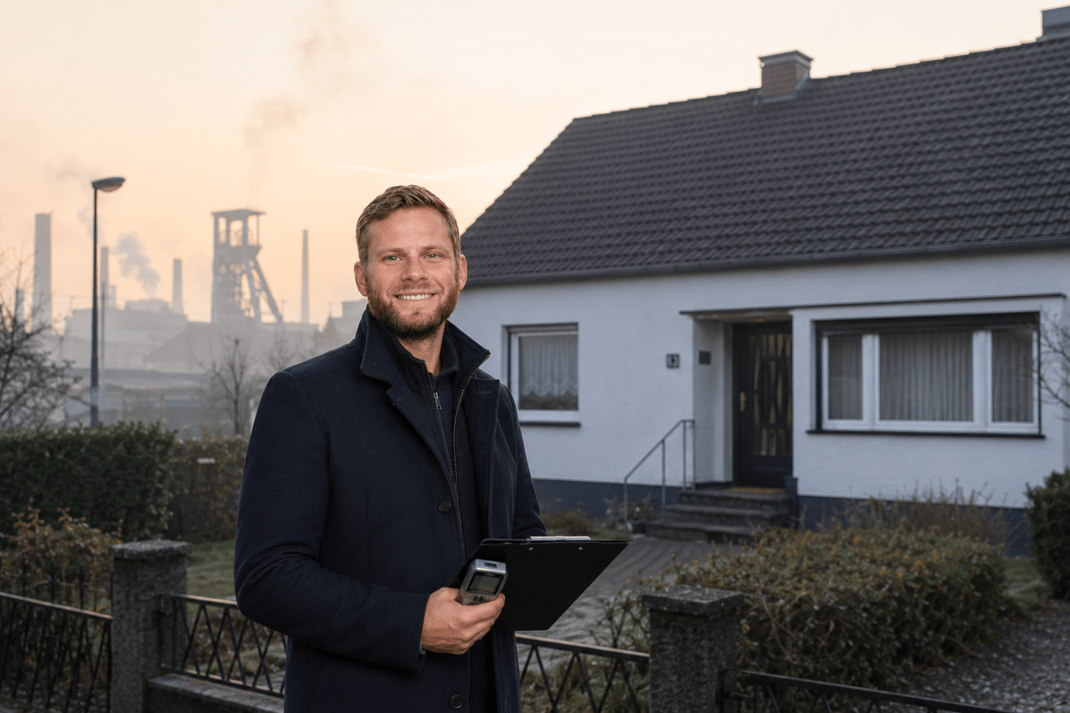 Baugutachter Essen vor Einfamilienhaus in Altenessen mit typischer Ruhrgebiets-Kulisse und möglichem Bergschaden