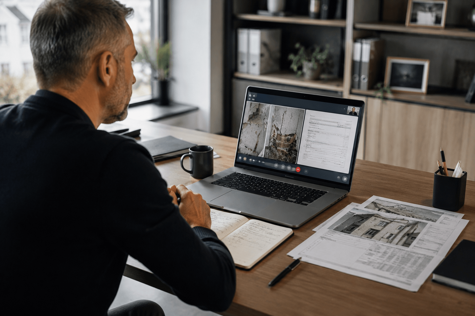 Bausachverständiger während einer Online-Bauberatung per Videocall. Online-Bauberatung