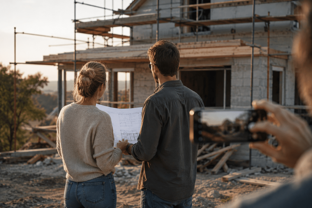 Bauherren auf der Baustelle ihres Neubaus dokumentieren den Rohbau mit dem Smartphone. Bauherrencoaching
