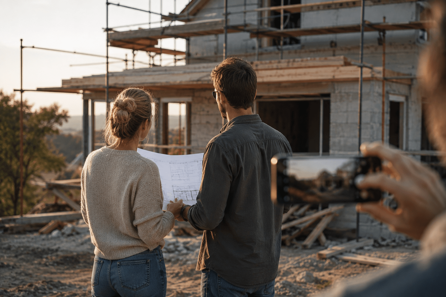 Bauherren auf der Baustelle ihres Neubaus dokumentieren den Rohbau mit dem Smartphone. Bauherrencoaching