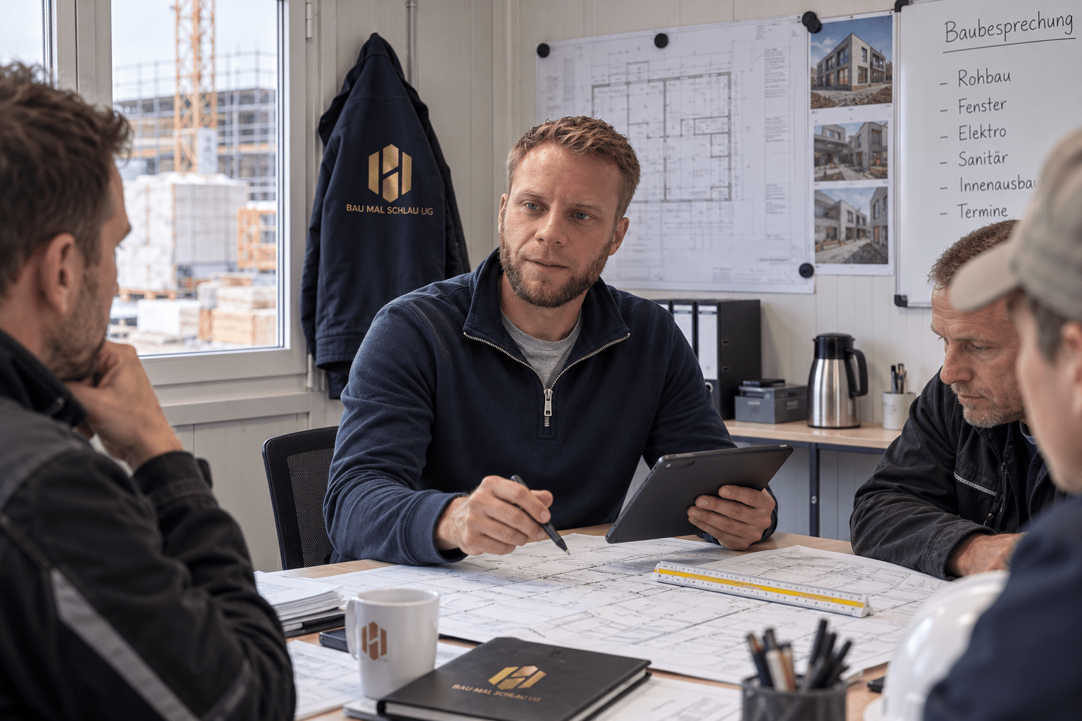 Online Baubegleitung mit Baugutachter Tim Heuer bei einer Baubesprechung im Baucontainer